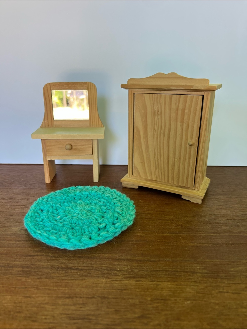 Natural Wood Doll Wardrobe & Vanity Set with Teal Crochet Rug